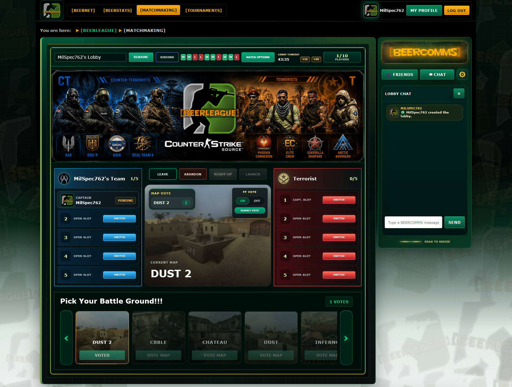 BEERLEAGUE 5v5 matchmaking lobby interface
